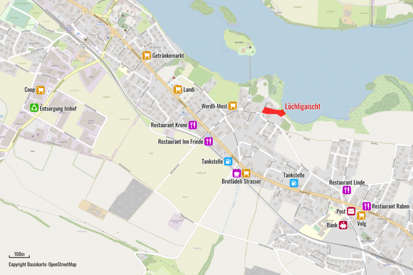 Karte von Eschenz mit Restaurants und Einkaufsmöglichkeiten