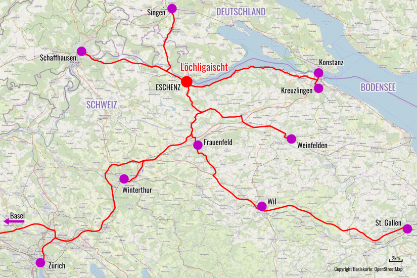 Karte der Ostschweiz mit verschiedenen Anfahrtswegen nach Eschenz